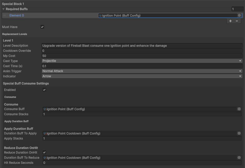 [Ability editor special effect configuration view where special level effects can override and replace the original ability effects, allowing designers to define alternate behaviors at higher levels through data.]