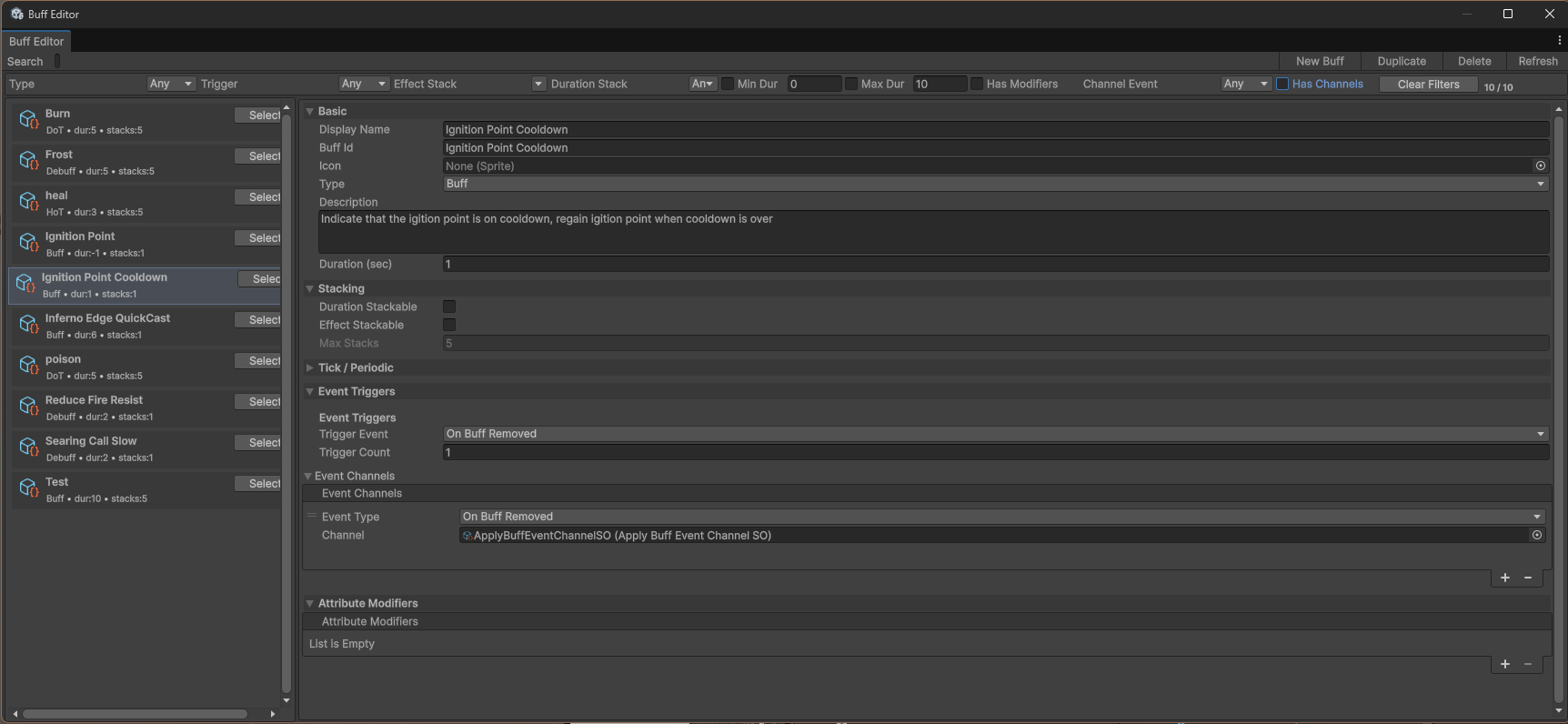 [Buff editor window used to create and tune reusable status effects and gameplay modifiers.]