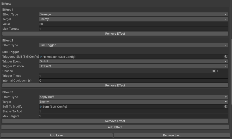[Detailed skill effect editing interface showing how individual effects are authored and configured.]